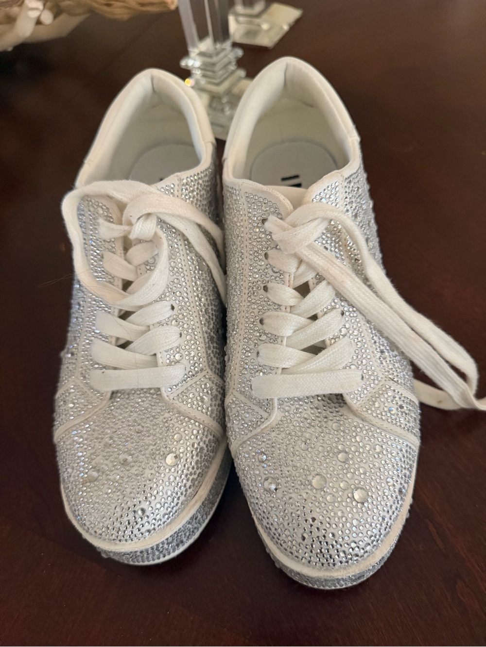 INC International Concepts White and Silver Rhinestone Lace-Up Sneakers